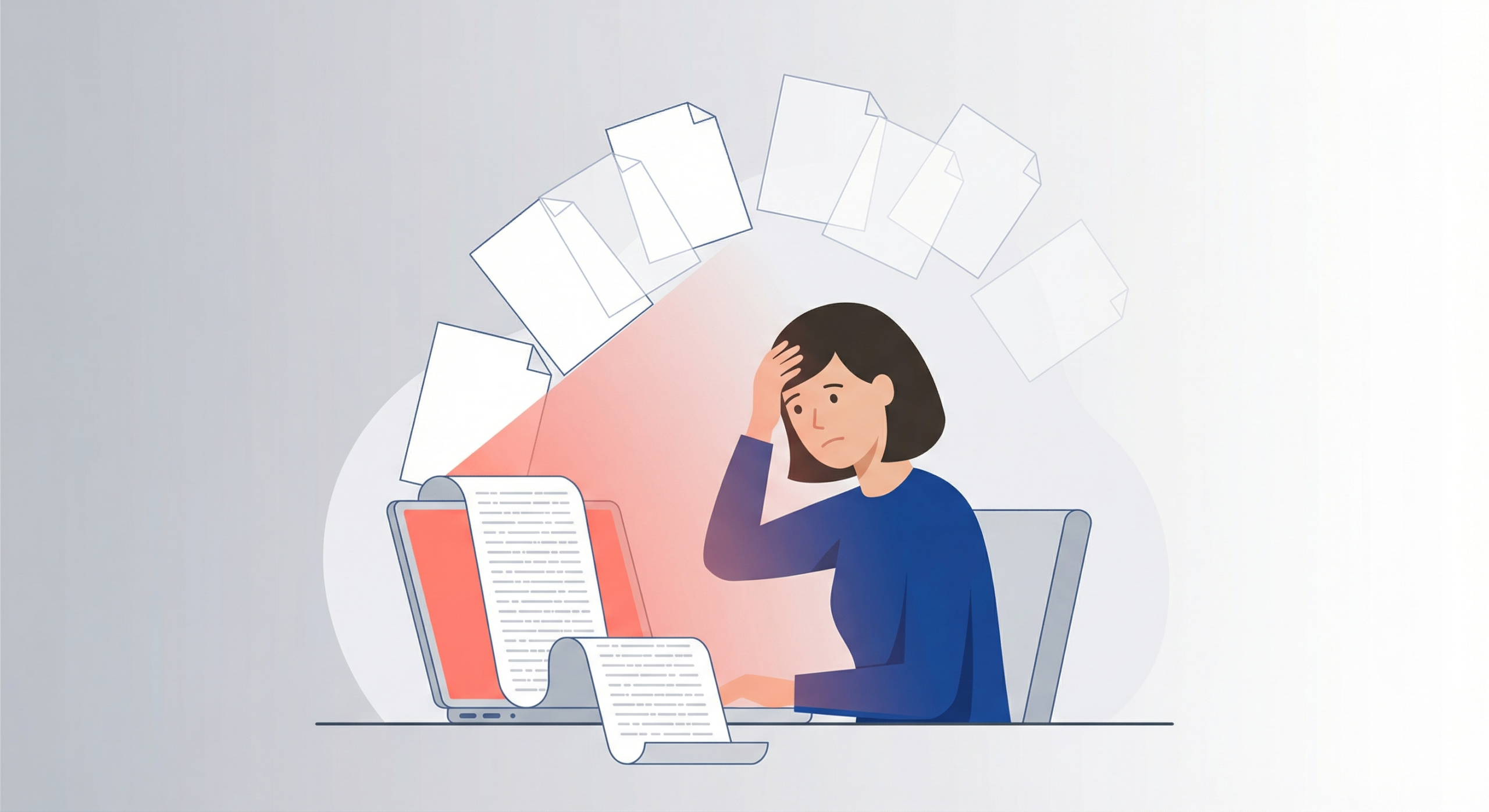 New employee struggling to find information in a long onboarding document on their laptop