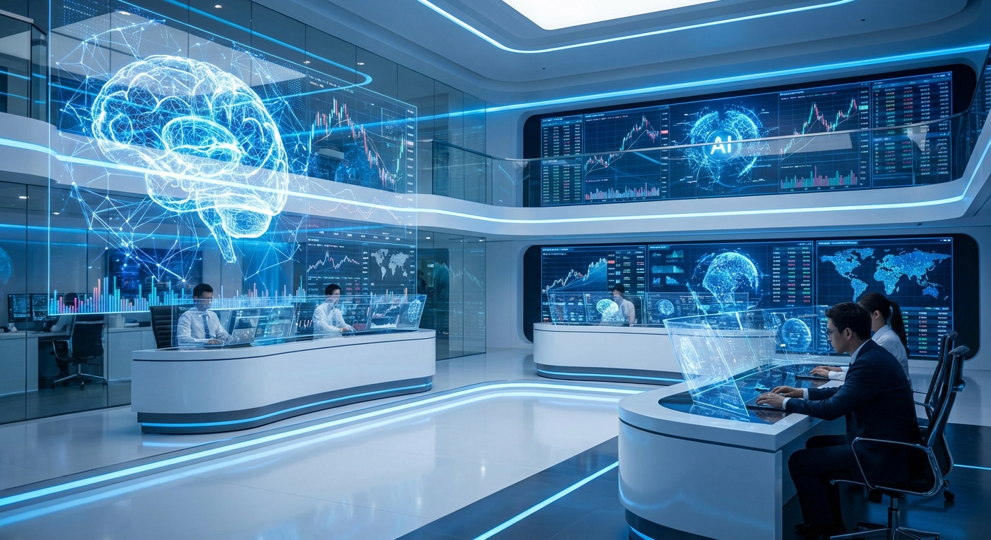 AI algorithmic trading monitoring control room with neural network patterns overlaid on financial market data