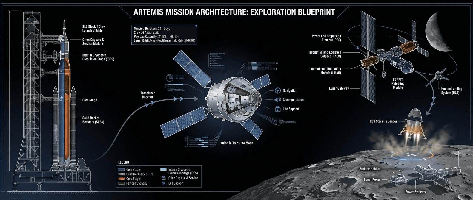 NASA Artemis mission architecture diagram showing SLS rocket, Orion capsule, Gateway station, and Human Landing System
