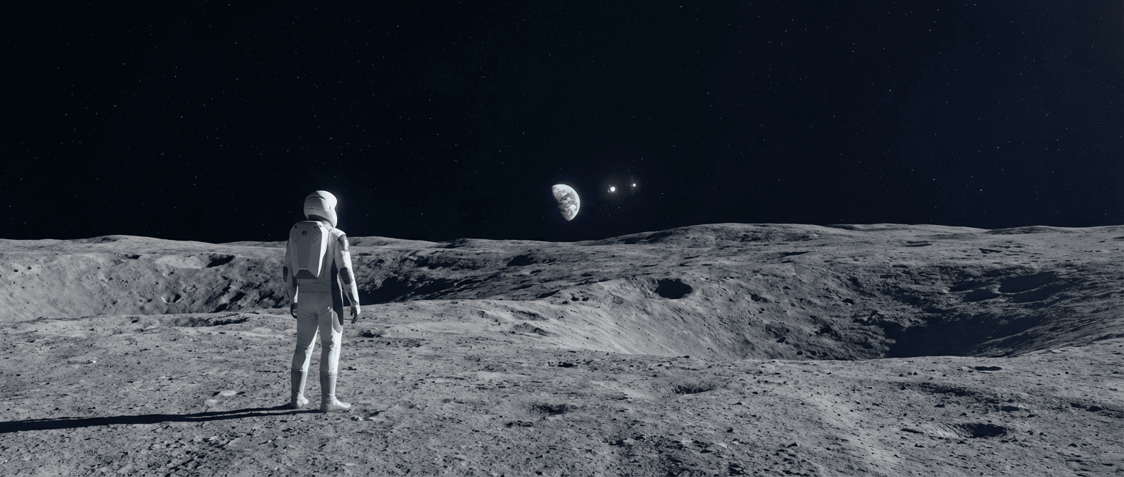 Astronaut on lunar surface looking toward Earth with Orion and Gateway visible in sky during Artemis moon mission
