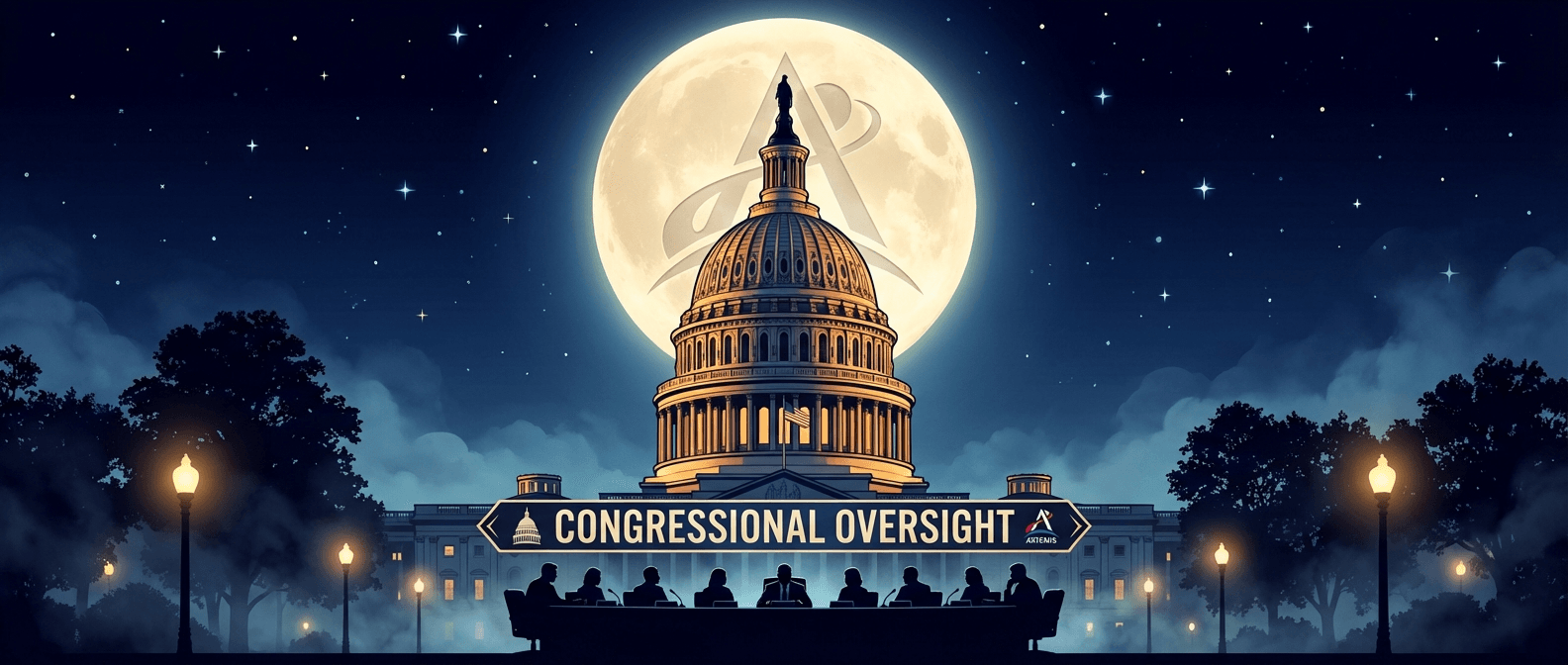 US Capitol building at night with full Moon rising behind it symbolizing congressional oversight of NASA Artemis program