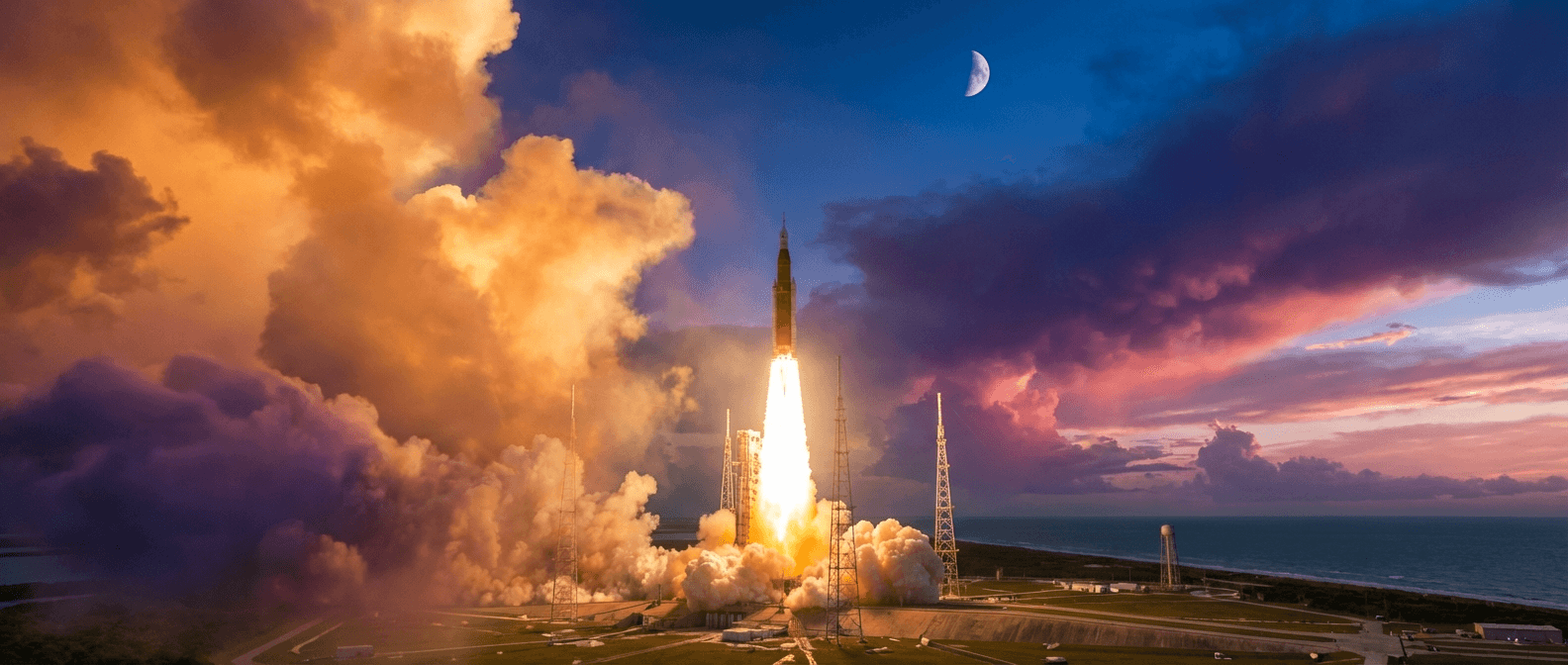 NASA Artemis SLS rocket launching from Kennedy Space Center at dawn with the Moon visible in sky