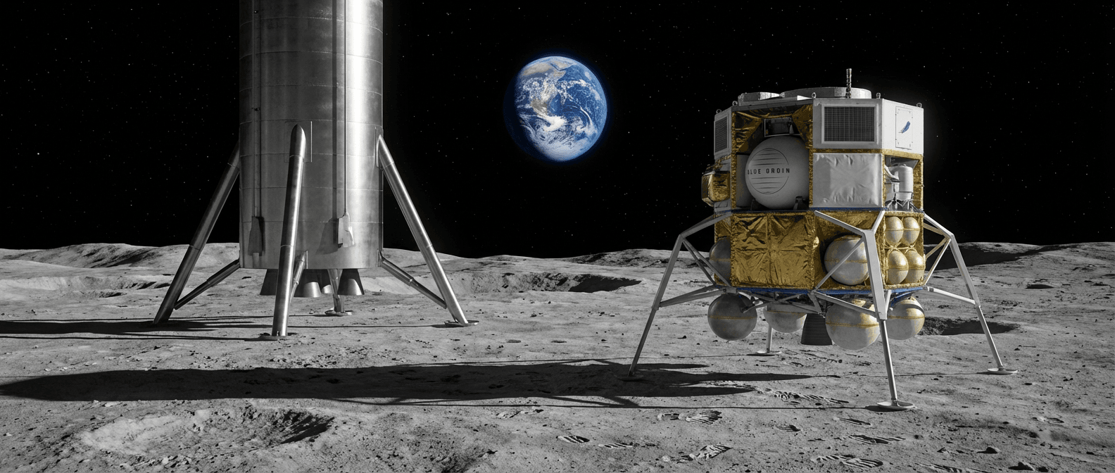 SpaceX Starship HLS and Blue Origin Blue Moon lunar lander side by side on the Moon surface