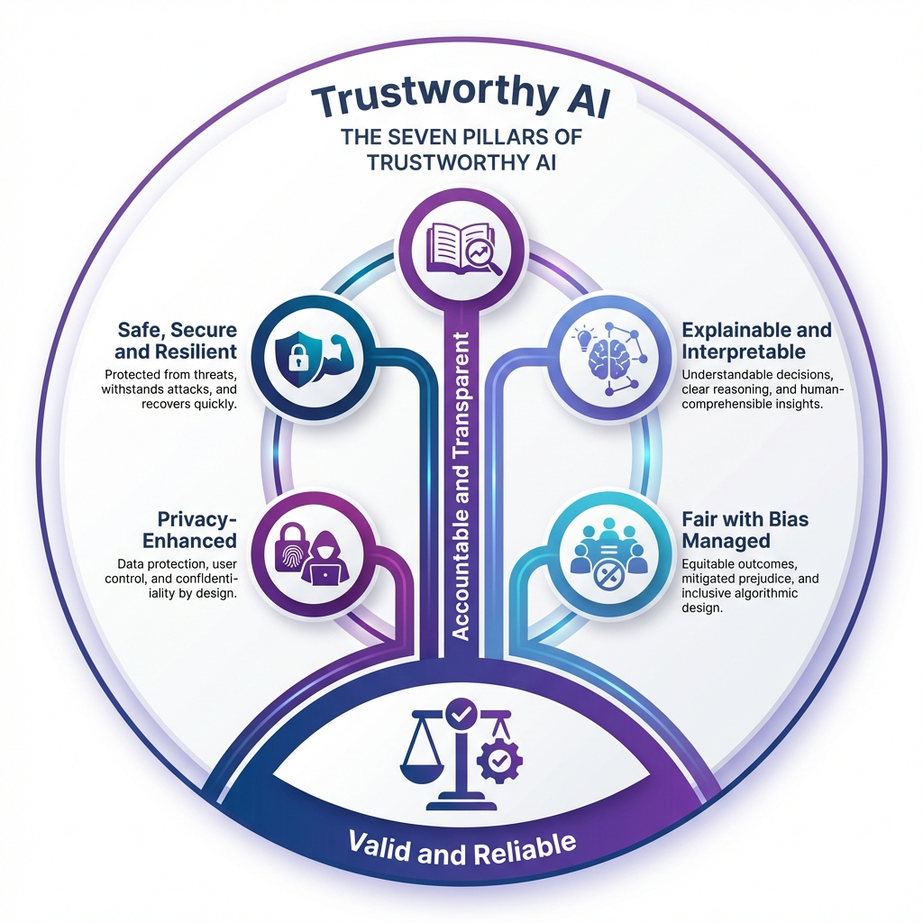 NIST AI RMF seven characteristics of trustworthy AI framework diagram showing Valid and Reliable, Safe, Secure and Resilient, Accountable and Transparent, Explainable and Interpretable, Privacy-Enhanced, and Fair with Harmful Bias Managed