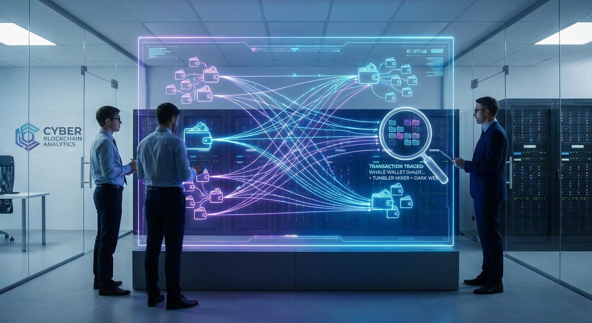 Blockchain forensics and analytics visualization showing how Chainalysis traces illicit crypto transactions across wallets and exchanges