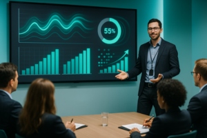 Professional business presenter showing animated presentation on large screen to engaged audience of business professionals