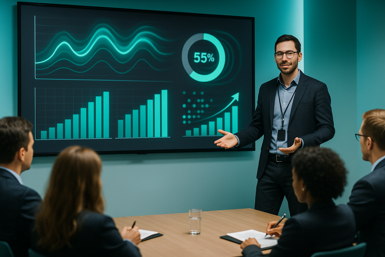 Professional business presenter showing animated presentation on large screen to engaged audience of business professionals