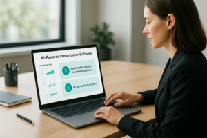 Modern workspace with AI-powered presentation software showing intelligent design suggestions and automated content generation