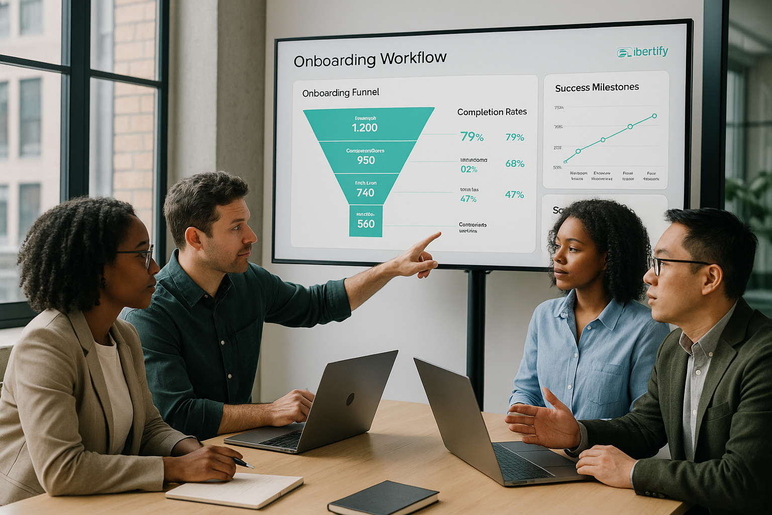 Customer success team collaborating around onboarding workflow dashboard analyzing metrics and success milestones