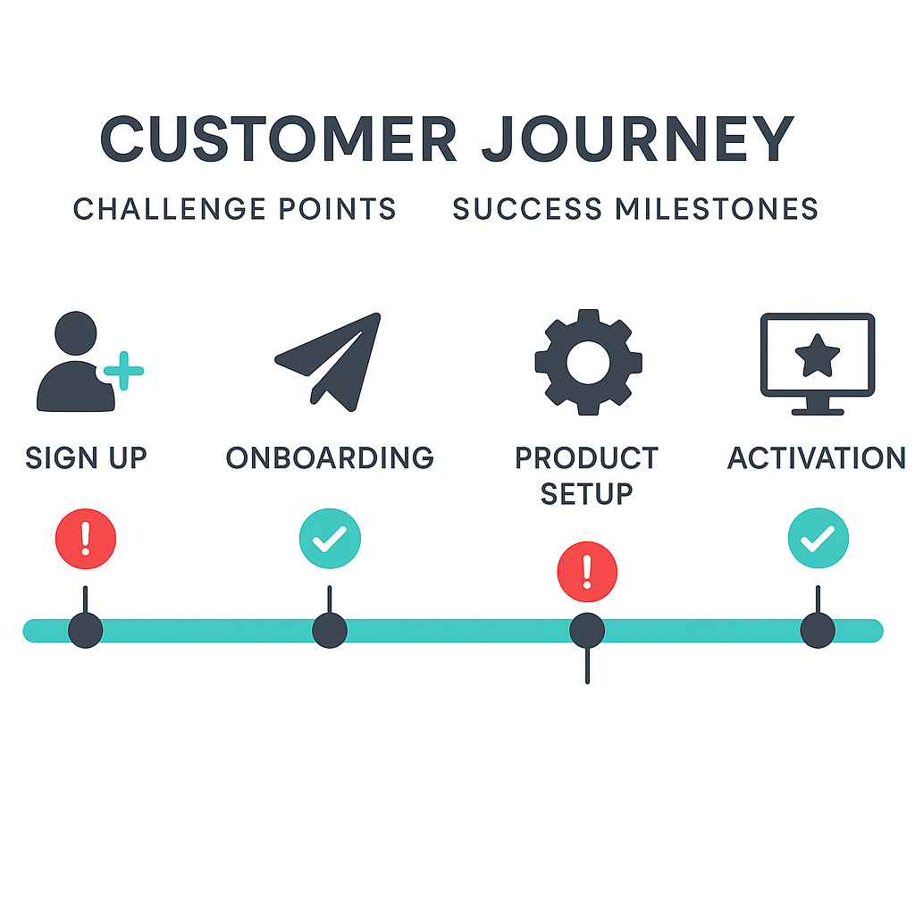 Customer journey timeline infographic showing onboarding stages with challenge points and success milestones
