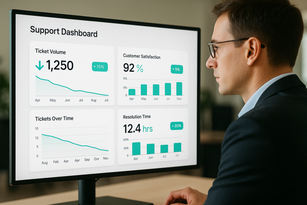 Support dashboard displaying ticket volume reduction metrics, resolution time improvements, and customer satisfaction trends