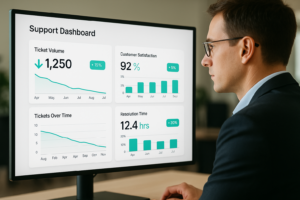 Support dashboard displaying ticket volume reduction metrics, resolution time improvements, and customer satisfaction trends