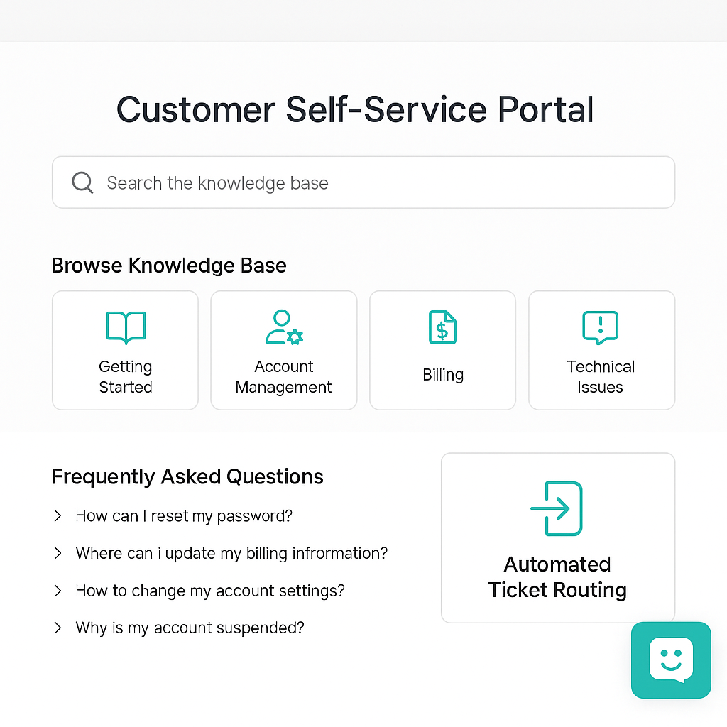 Customer self-service portal interface with knowledge base, FAQ sections, and automated response system