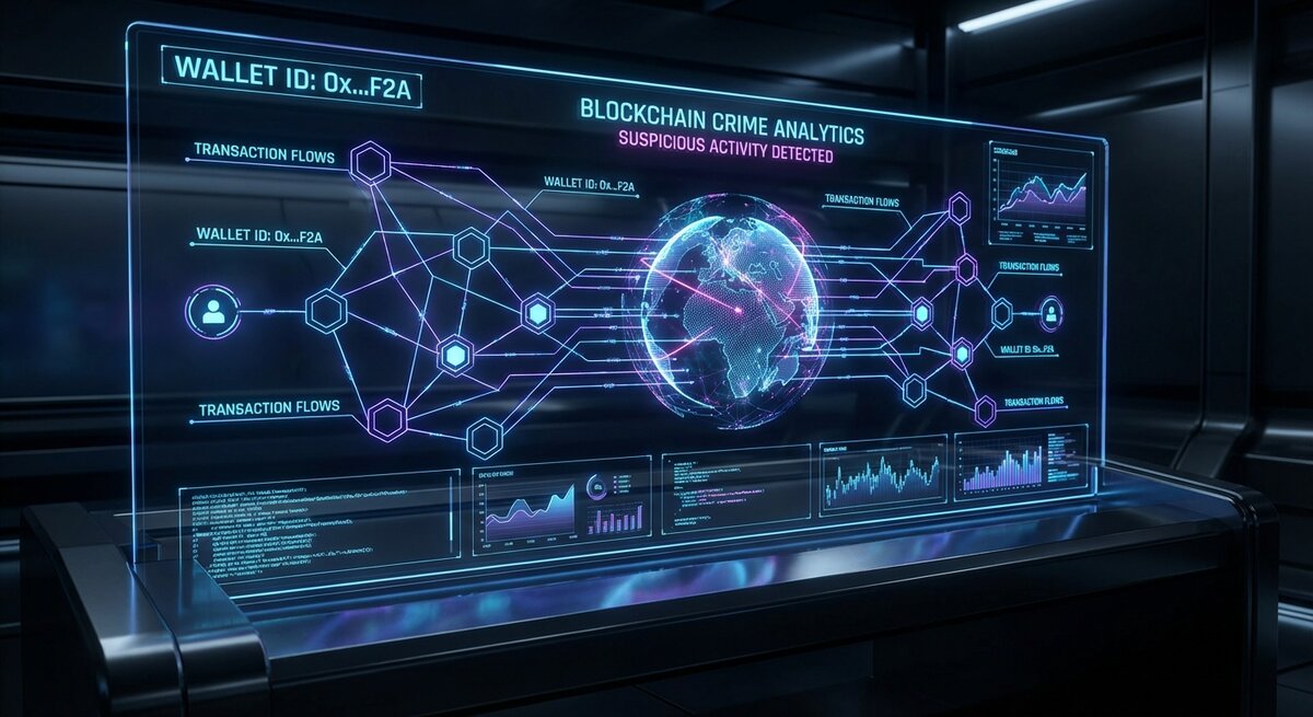 Chainalysis crypto crime report 2026 showing illicit cryptocurrency flows and blockchain analytics visualization