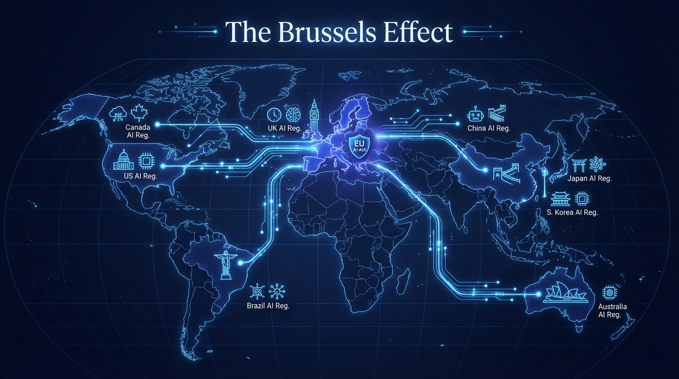 World map showing global impact of EU AI Act regulation with Brussels Effect influence on US, UK, Canada, China and other jurisdictions