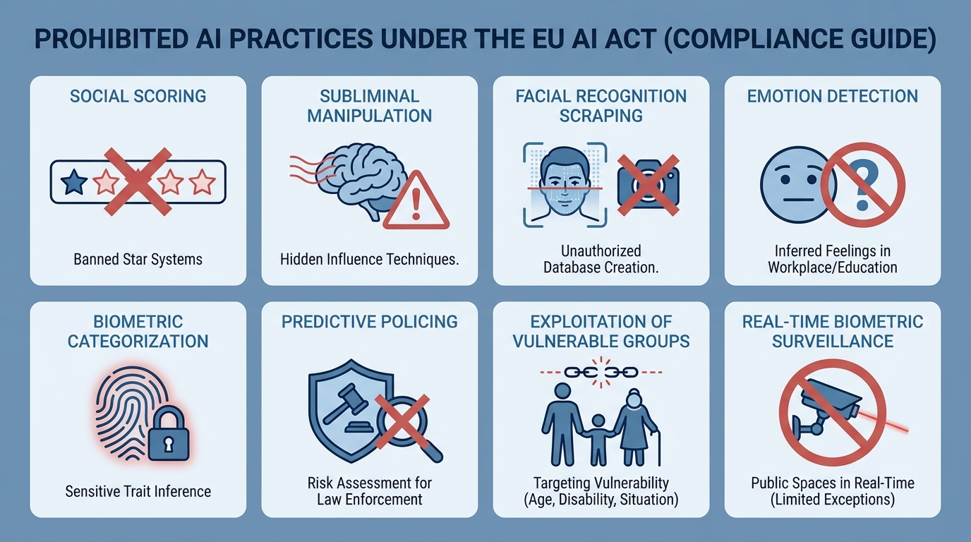 Eight prohibited AI practices under EU AI Act Article 5 including social scoring, subliminal manipulation, and biometric surveillance