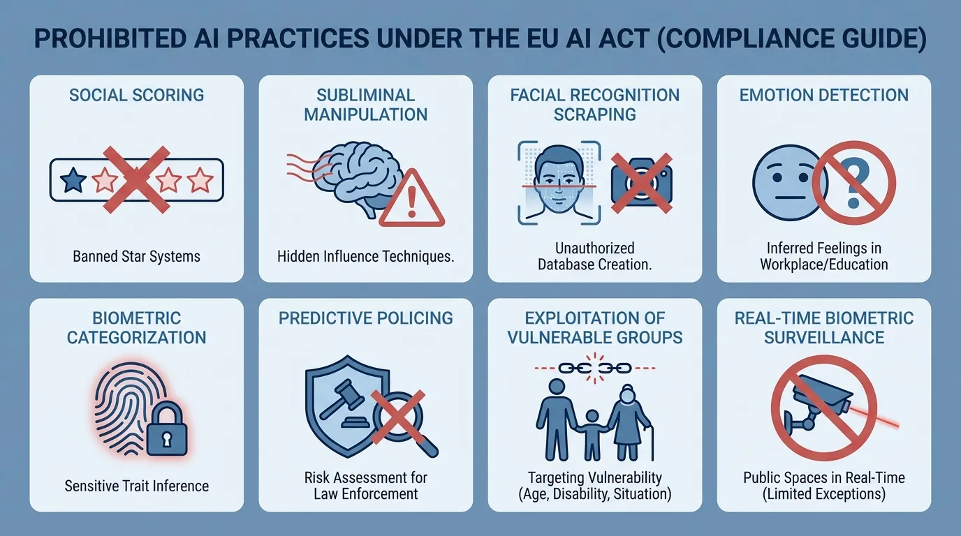 Eight prohibited AI practices under EU AI Act Article 5 including social scoring, subliminal manipulation, and biometric surveillance