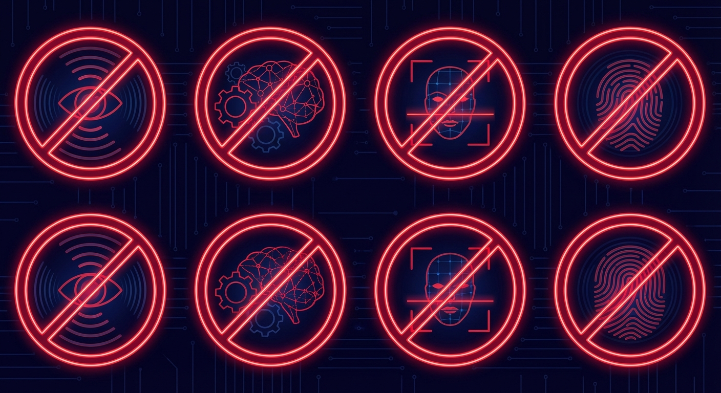 Abstract visualization of the eight prohibited AI practices under the EU AI Act