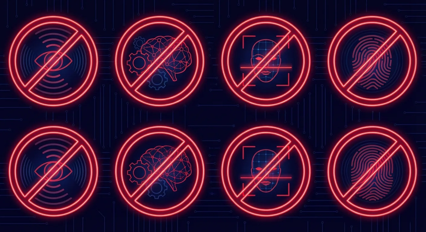 Abstract visualization of the eight prohibited AI practices under the EU AI Act