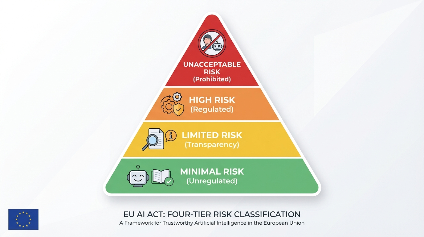 EU AI Act risk classification pyramid showing four tiers: unacceptable, high, limited, and minimal risk categories