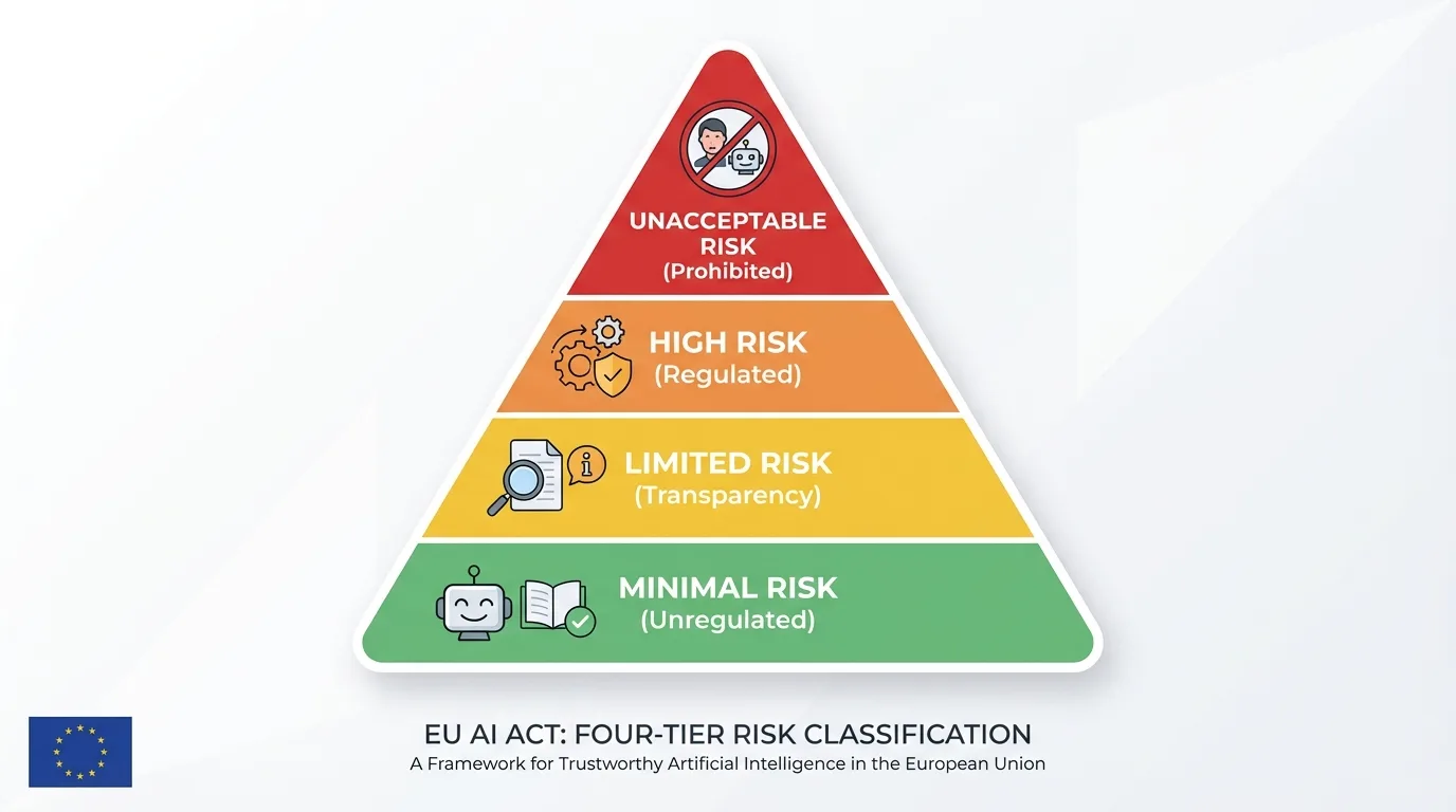EU AI Act risk classification pyramid showing four tiers: unacceptable, high, limited, and minimal risk categories