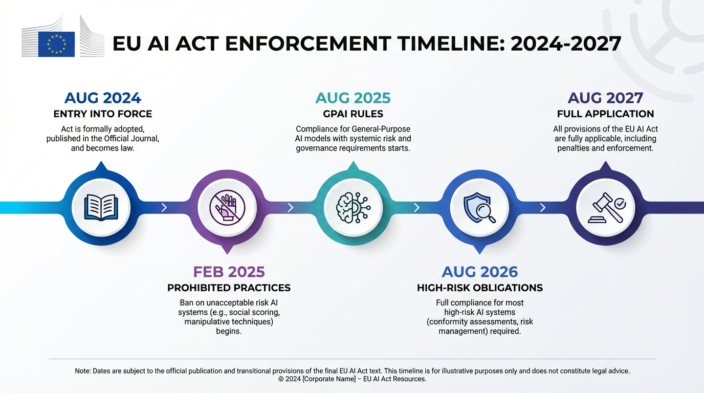 EU AI Act enforcement timeline from August 2024 to August 2027 showing phased implementation milestones