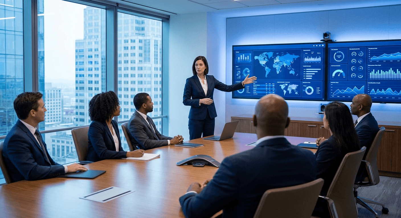 CISO presenting cybersecurity strategy to the board of directors in a modern boardroom
