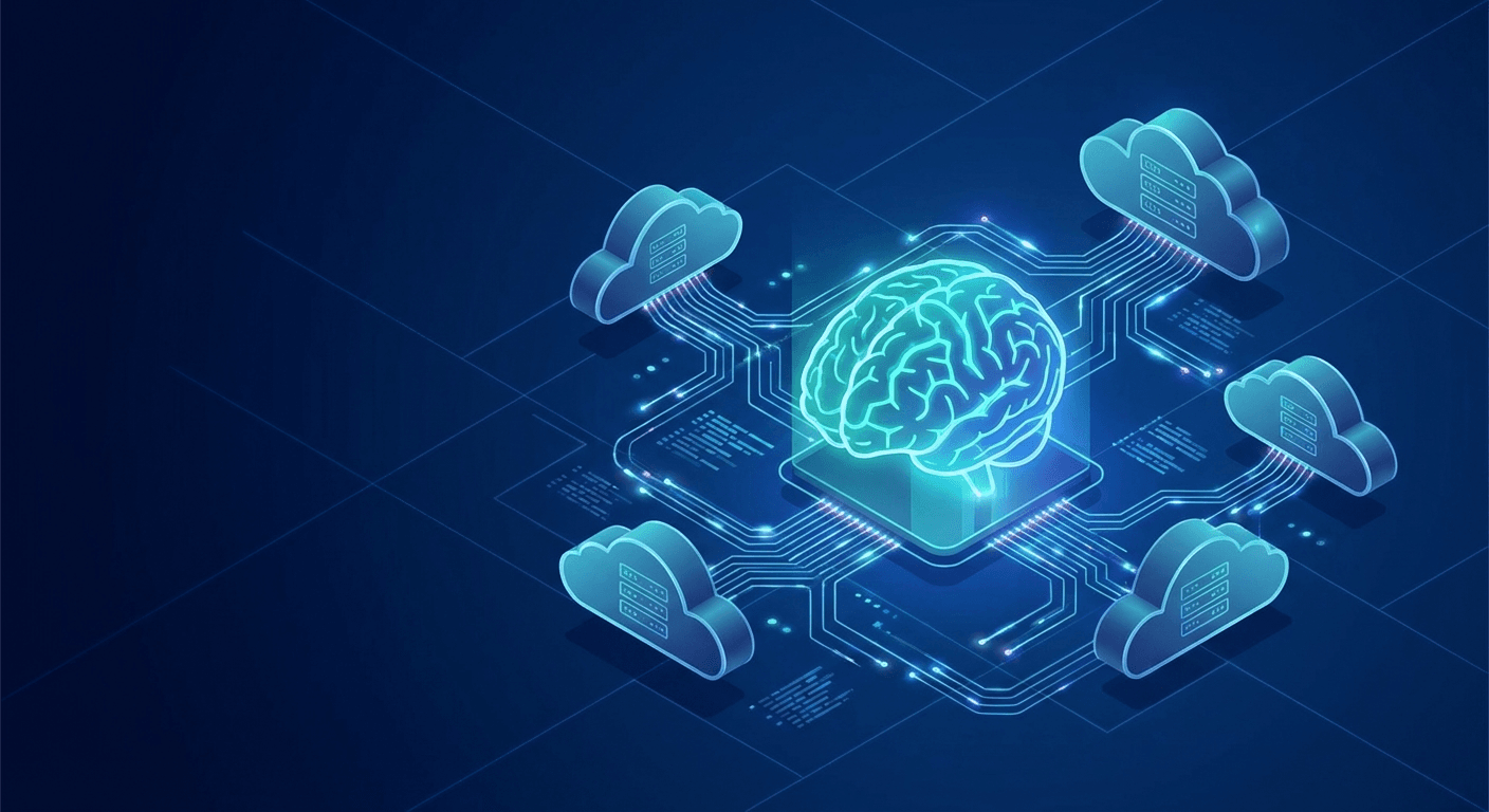 AI integration in cloud computing 2025 with neural network and data center visualization