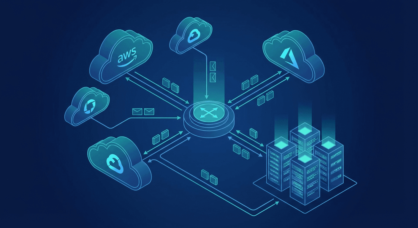 Multicloud architecture strategy 2025 with connected cloud providers and data flow