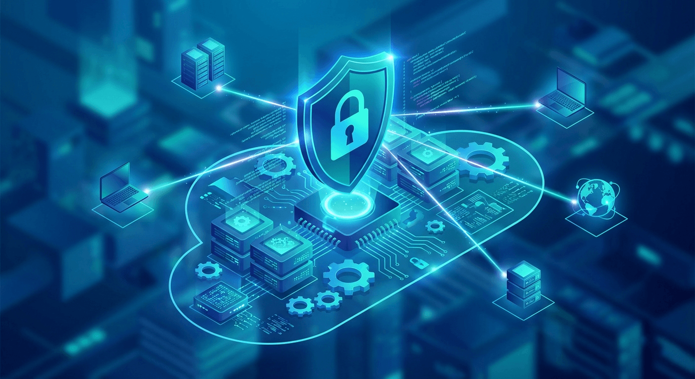 Cloud security and cybersecurity trends 2025 with shield and network protection visualization