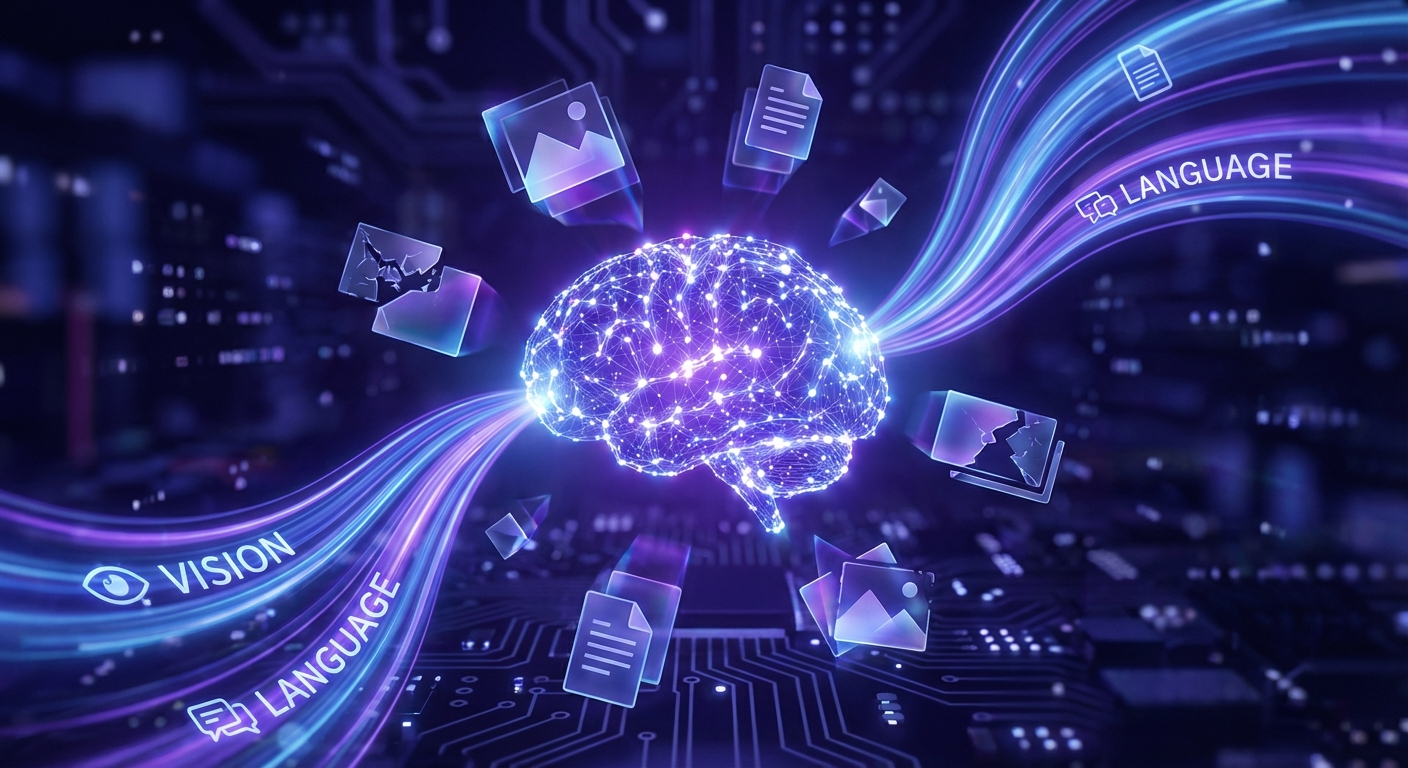 GPT-4 multimodal AI capabilities visualization showing vision and language processing convergence