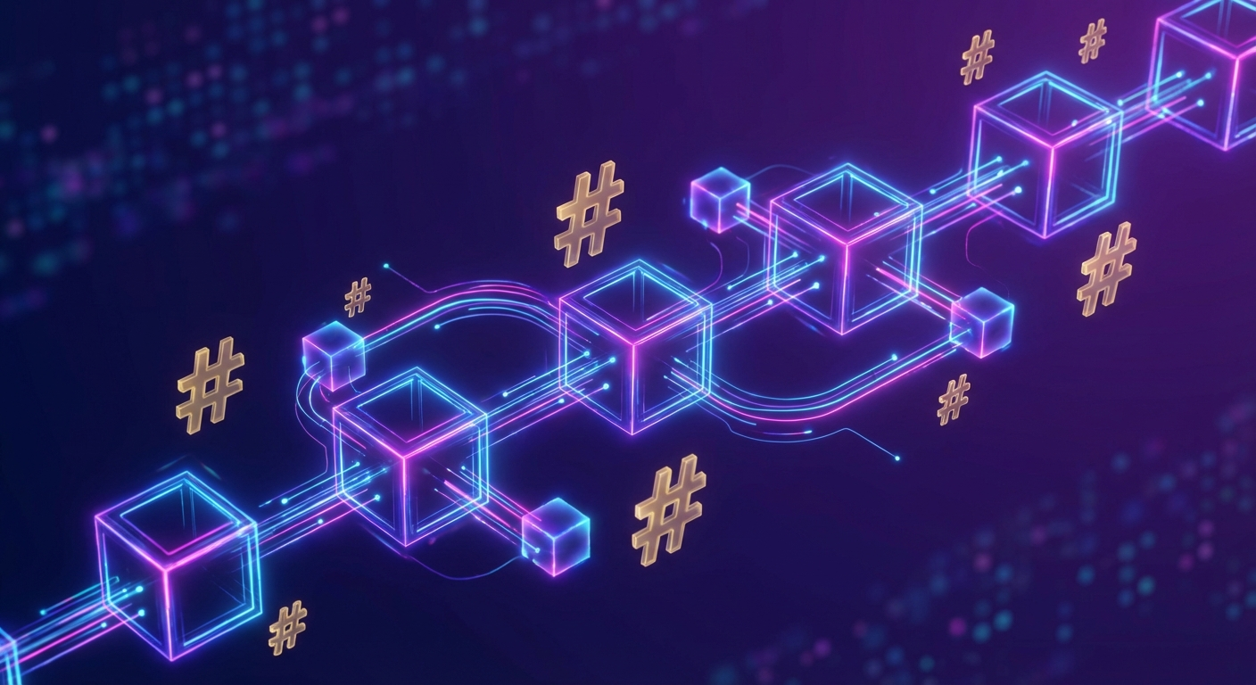 Blockchain network visualization showing interconnected nodes forming a chain pattern with indigo and purple gradient