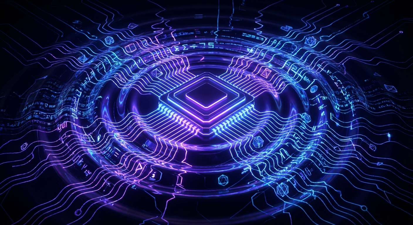 Conceptual visualization of proof of work mining with computational energy waves radiating from a processor in neon indigo and electric purple