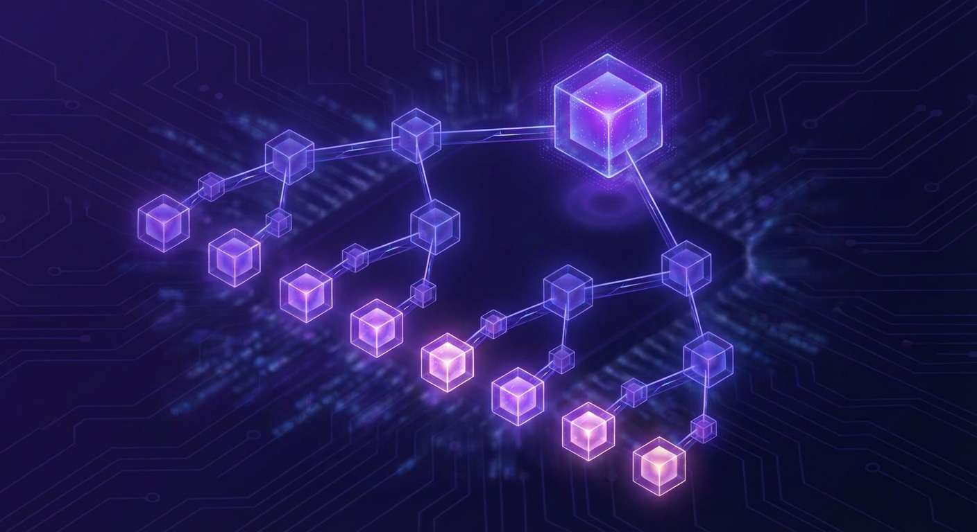 Merkle tree data structure visualization with branching binary tree and glowing leaf nodes converging to root hash in deep purple