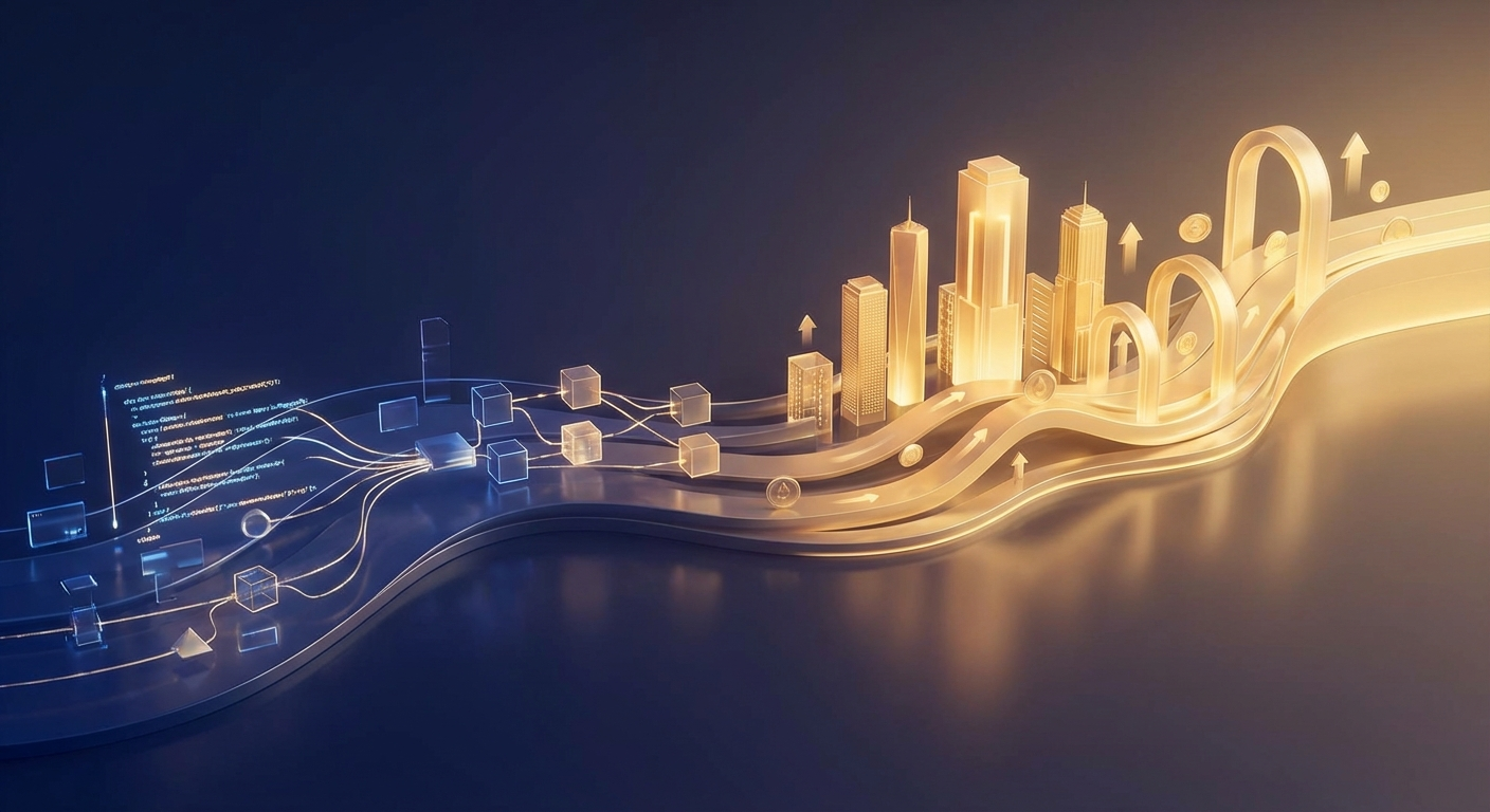 Evolution of Bitcoin from digital concept to institutional asset showing transformation from code to golden financial structures