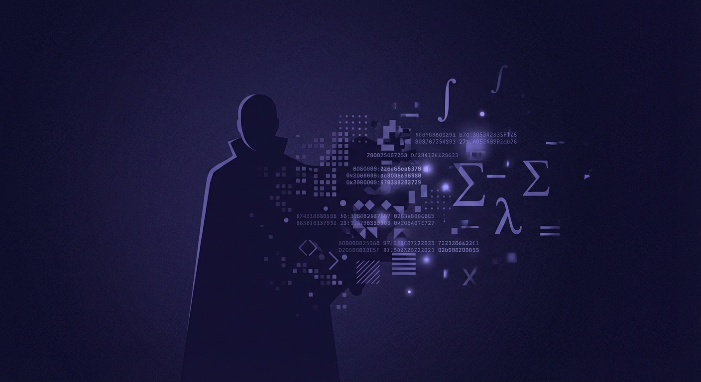 Abstract representation of anonymous digital identity with cryptographic hash patterns dissolving from a mysterious silhouette in indigo tones