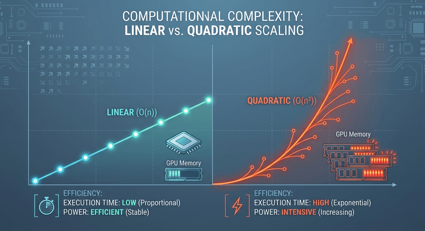 Mamba versus Transformer computational complexity comparison chart showing linear vs quadratic scaling