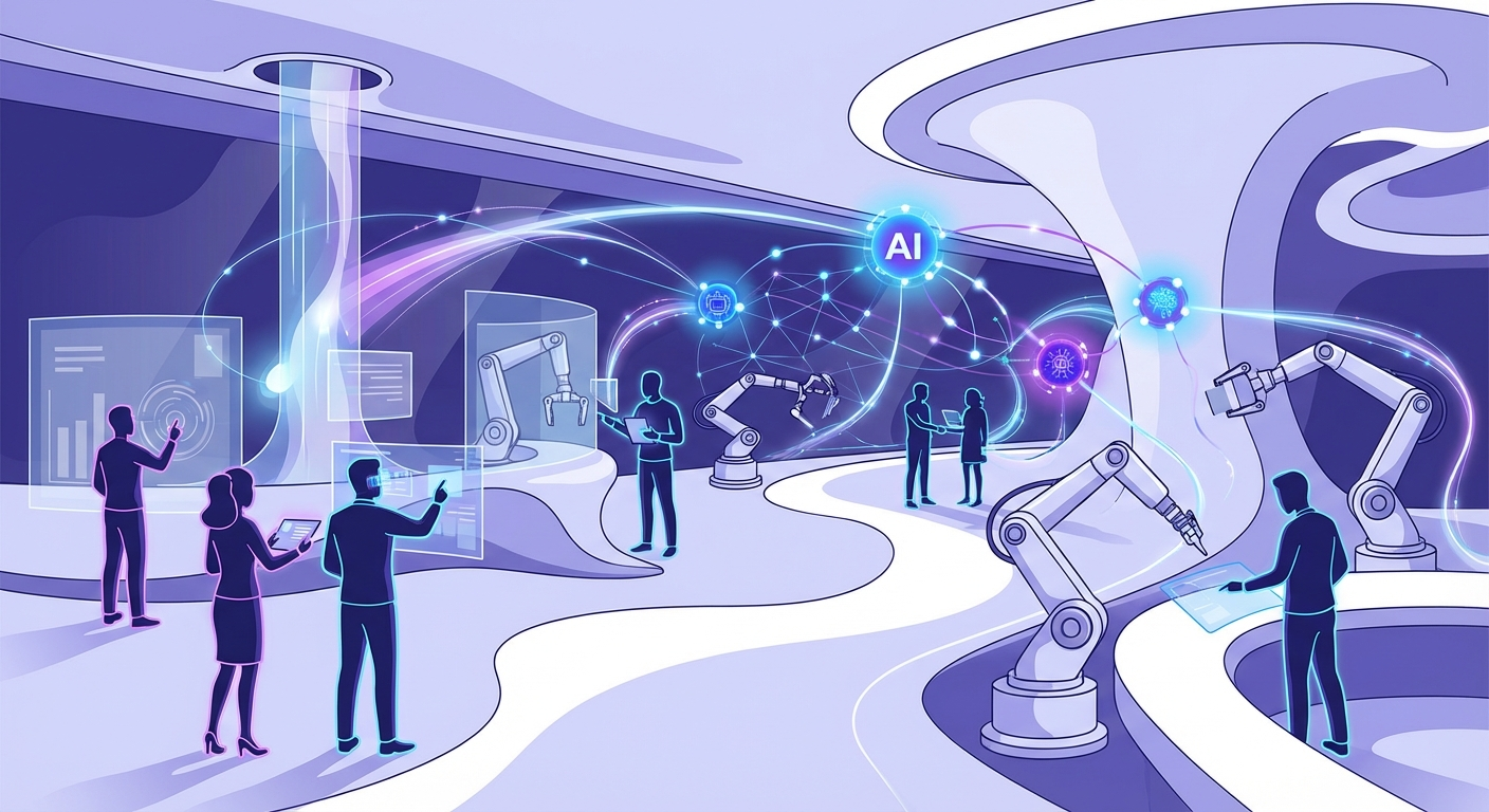 AI agents and robots workforce transformation illustration showing human-AI collaboration in 2025