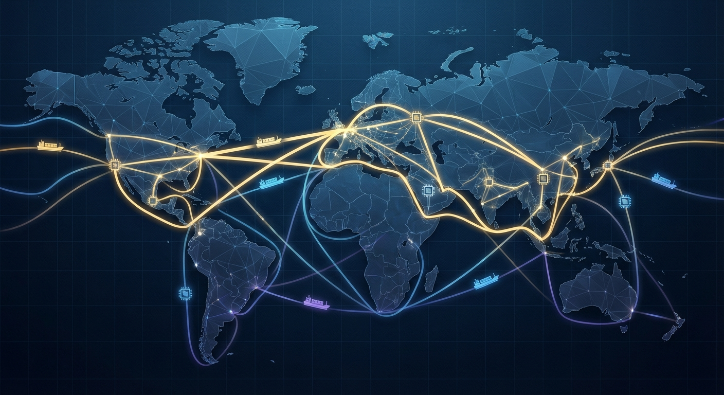 Global trade flows and geopolitical reconfiguration visualization showing shifting trade routes in 2025