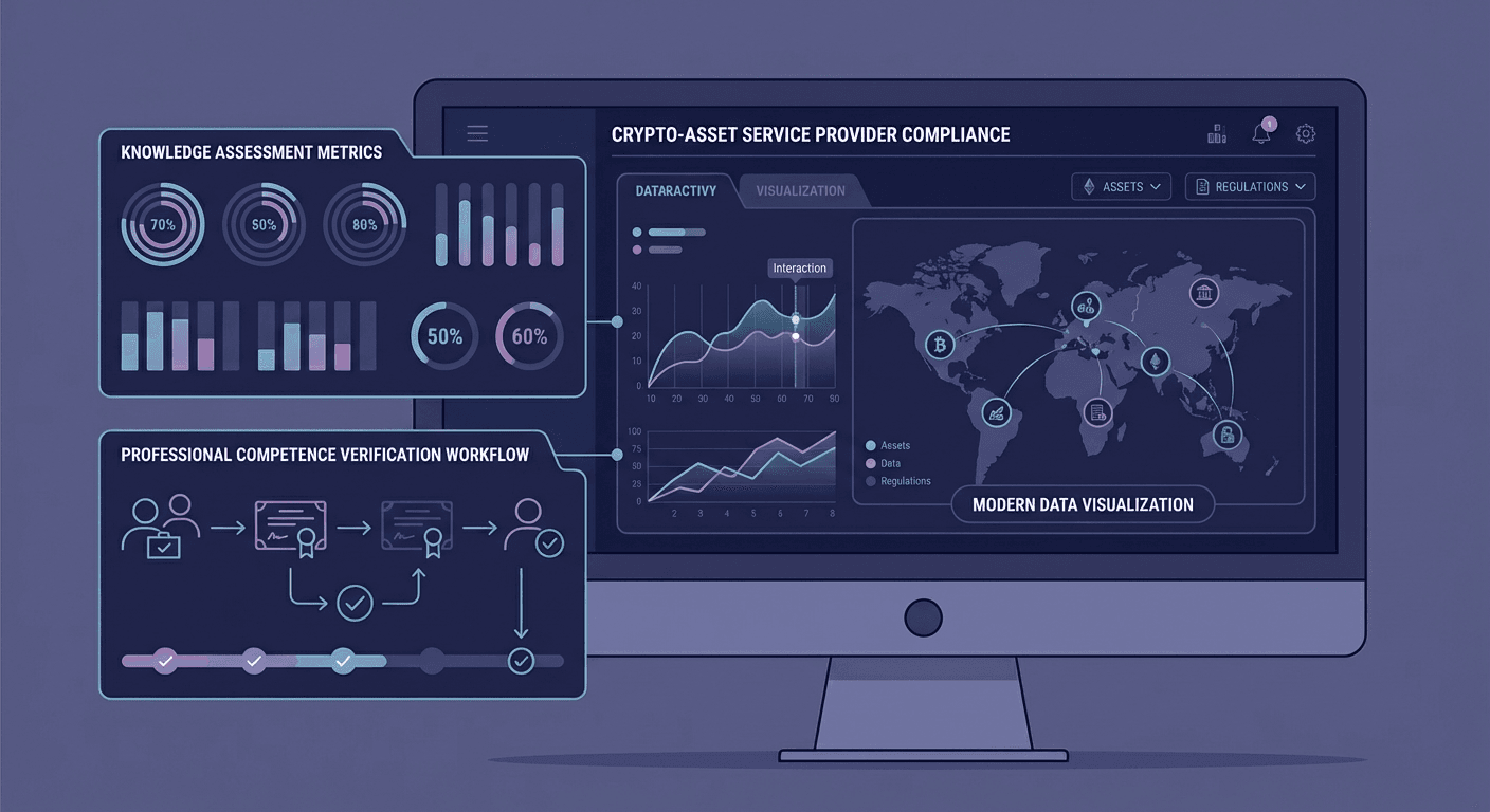 MiCA compliance dashboard showing knowledge assessment metrics and professional competence verification