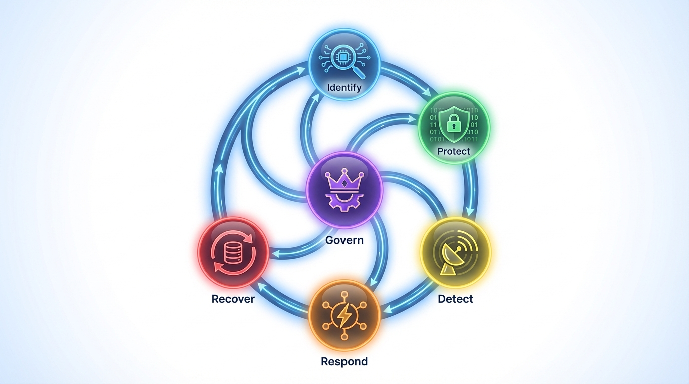 NIST Cybersecurity Framework 2.0 overview showing the six core functions in a circular diagram with Govern at the center