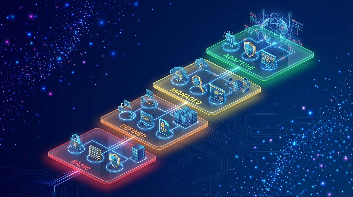 NIST CSF 2.0 implementation tiers from Tier 1 Partial to Tier 4 Adaptive showing increasing cybersecurity maturity and rigor