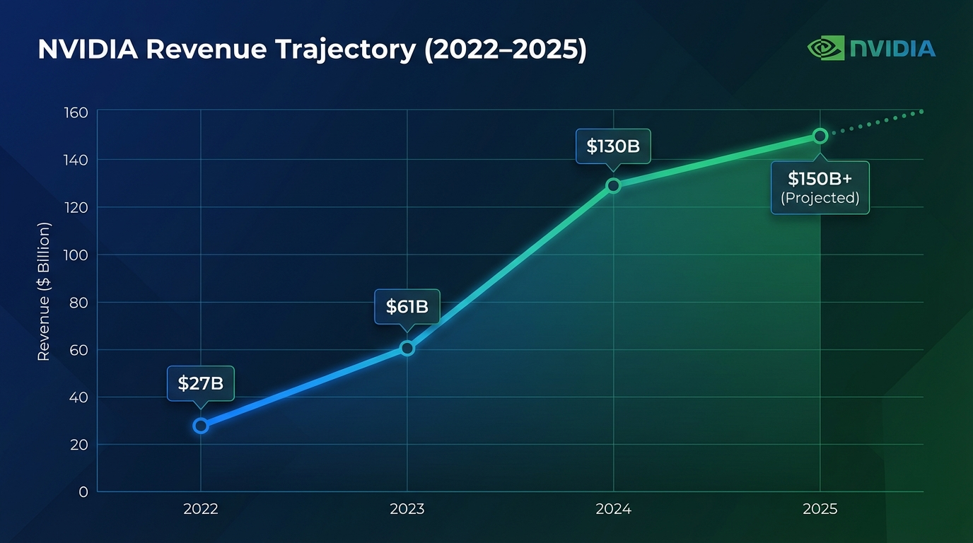 NVIDIA FY2025 revenue growth chart showing 114% year-over-year increase to $130.5 billion