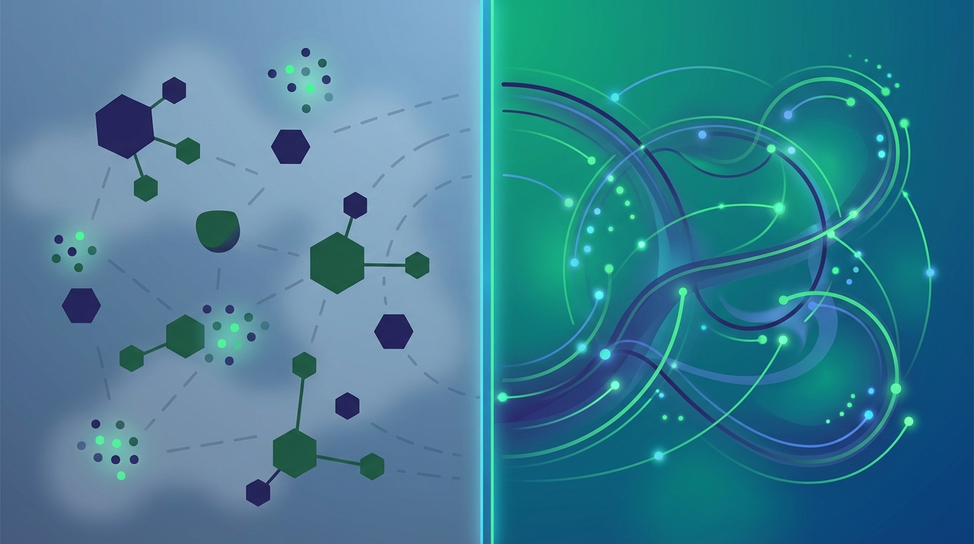 Split screen contrasting scattered AI pilot programs versus scaled AI deployment