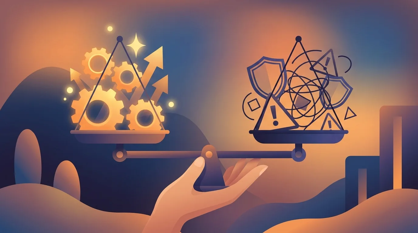 Balanced scale illustration showing AI benefits versus risks with human hand maintaining balance