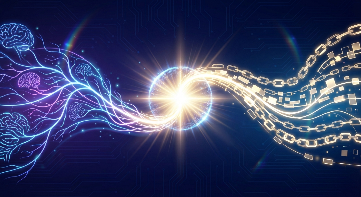 Abstract convergence of AI neural networks and blockchain crypto structures merging in a bright central point