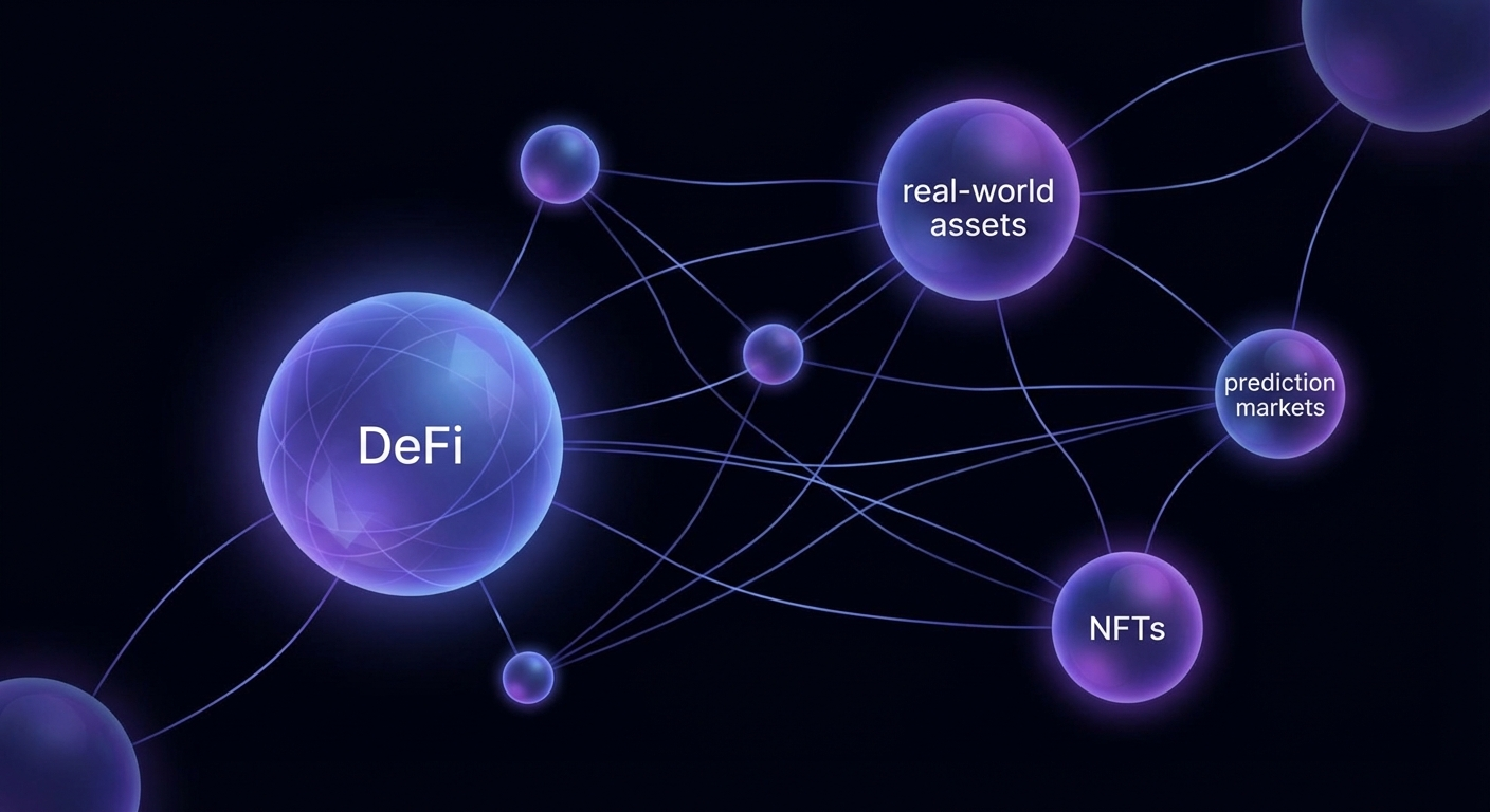 Abstract visualization of the decentralized onchain economy with interconnected DeFi, RWA, and prediction market orbs
