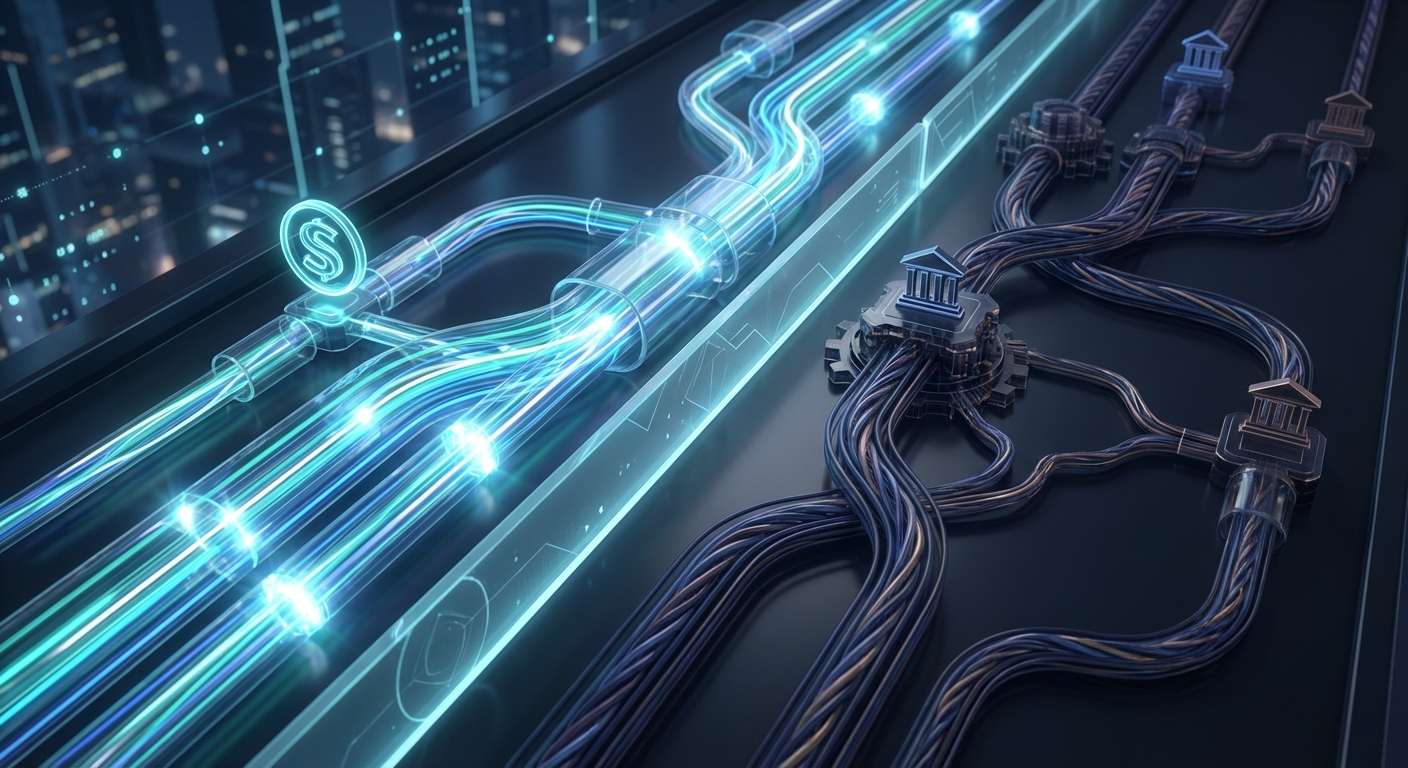 Stablecoin payment rails compared to traditional payment networks showing digital streams of value