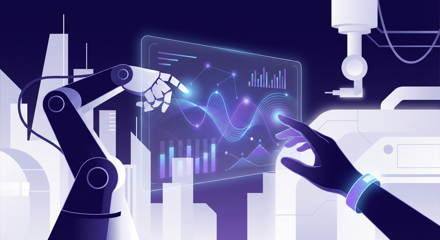 AI and technology transforming industries with robotic collaboration and holographic data interfaces