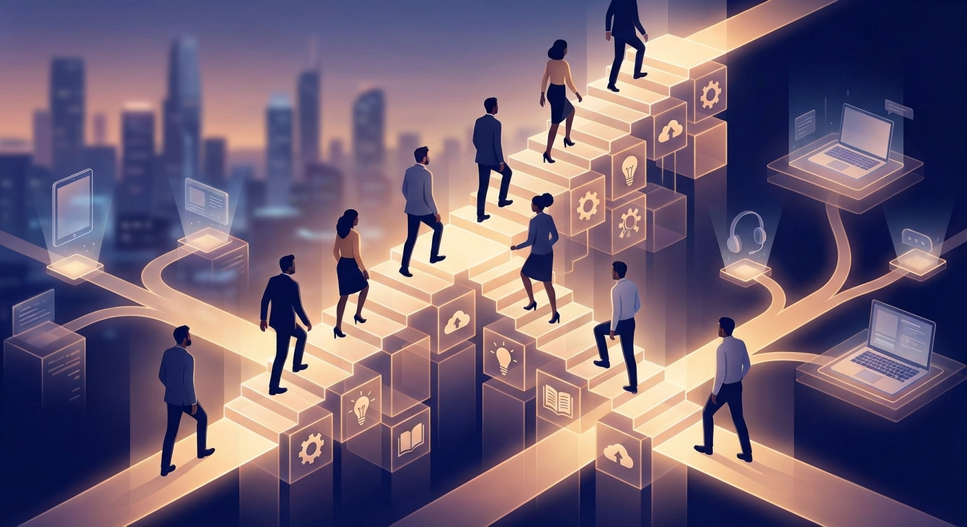 Professional upskilling concept with diverse workers ascending learning pathways and skill development visualization